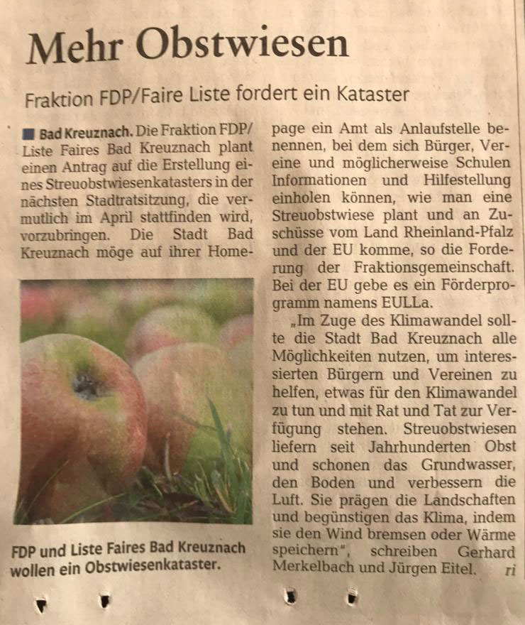 Pressebericht: Mehr Obstwiesen – Fraktion FDP/Faire Liste fordert ein Kataster